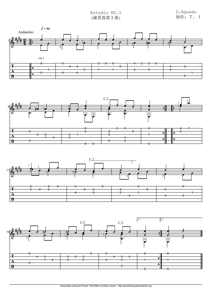 アグアドのエチュード No.3（Aguado Lesson 38 Estudio No.3）のタブ譜・楽譜